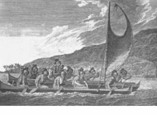 Navegantes polineseos en una canoa multicasco