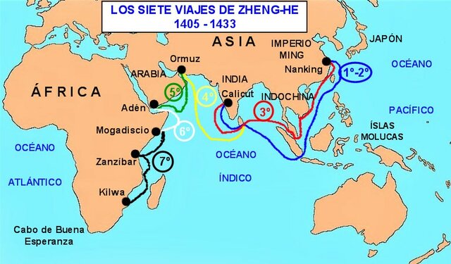 Los chinos inician los siete viajes para extender la influencia china e impresionar a sus estados vecinos.
