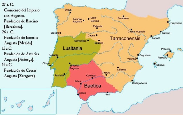 • 15 a. C: Reorganización de Hispania en Lusitania, Bética y Citerior
