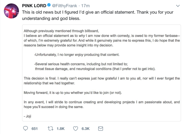 Filthy Frank officially ends