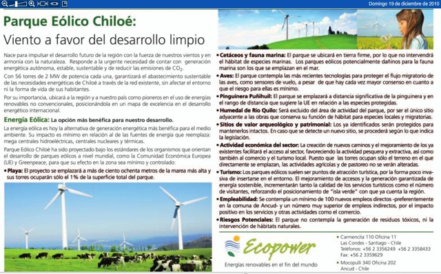 Ecopower publica inserción defendiendo el Parque Eólico Chiloé