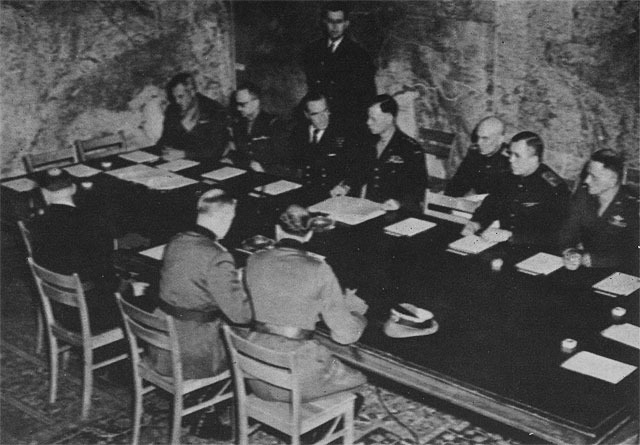 The unconditional surrender of Germany at Reims, France