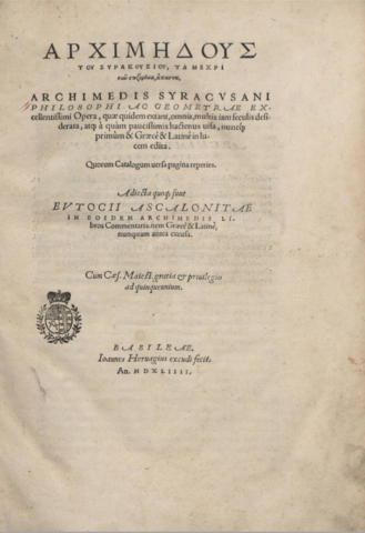 Primera edición de las obras de Arquímedes.