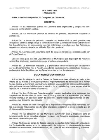 Ley 39 de 1903 La Instrucción Pública en Colombia organizada y dirigida acorde a la Religión Católica