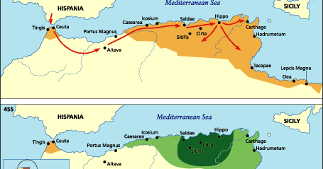 Expulsen els vàndals i alans cap al nord d’Àfrica i els sueus cap a l’actual Galícia