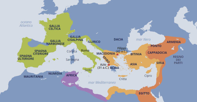 Battaglia di Filippi. Spartizione dei poteri tra i triumviri.