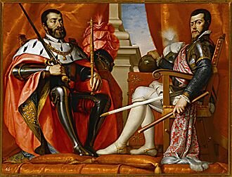 Carlos I abdica en su hijo Felipe y en su hermano Fernando. Se retira al monasterio de Yuste, donde muere en 1558.