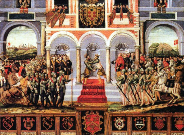 Guerra hispano-francesa, con victorias de España. Paz de Cateau-Cambrésis.