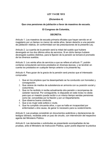 Ley 114 de 1913 - Que crea pensiones de jubilación a favor de maestros de escuela