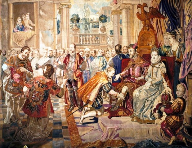 Carlos I abdica en su hijo Felipe y en su hermano Fernando. Se retira al monasterio de Yuste, donde muere.