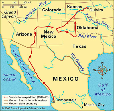 Coronado discovers Arizona, Texas, Kansas and New Mexico