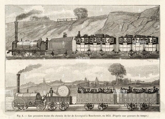 Primera línea de Ferrocarril de pasajeros entre Manchester y Liverpool.