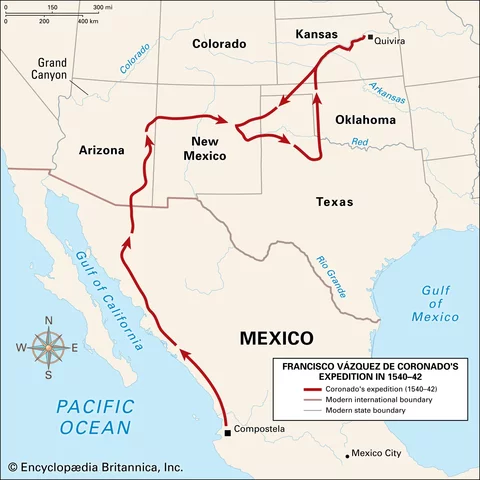 Coronado discovers Arizona, Texas, Kansas and New Mexico
