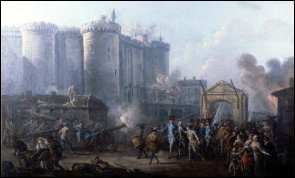A párizsi felkelők megostromolják és elfoglalják a lőporraktárnak  tartott Bastille börtönerődöt (