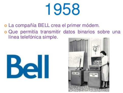 1958. La Compañía Bell crea el primer módem para transmitir datos binarios sobre una línea telefónica simple.