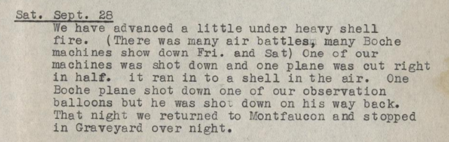 One Boche plane was shot down, returned to Monfaucon, and stopped in a graveyard that night.