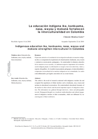 LA EDUCACIÓN INDÍGENA IKA, KANKUAMA, NASA, WAYÚU Y MOKANÁ FORTALECEN LA INTERCULTURALIDAD EN COLOMBIA, 2010.