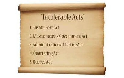 Intolerable Acts Passed by Parliament and King, shutting down Boston Harbor.