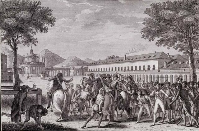 Motín de Aranjuez, destitución de Godoy y abdicación de Carlos IV en Fernando VII.