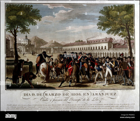 Motín de Aranjuez, destitución de Godoy y abdicación de Carlos IV en Fernando VII.
