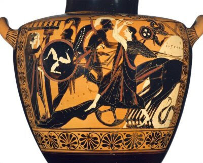 GRECIA. Cerámica de figuras negras - Aquiles ultrajando el cadáver de Héctor