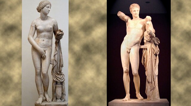 GRECIA. Hermes con Dionisos niño y Venus de Cnido de Praxíteles