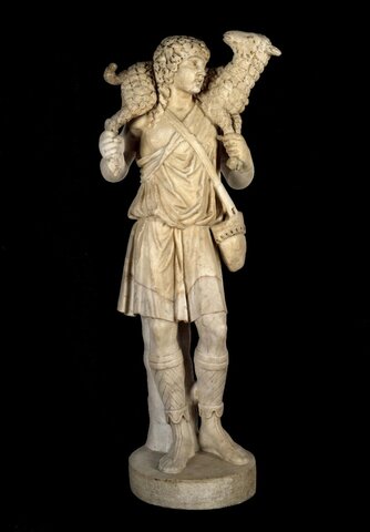 Estatuilla del Buen Pastor. Escultura romano cristiana primitiva.