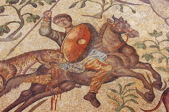 Mosaico de la cacería. Villa romana La Olmeda. Opus tesellatum.