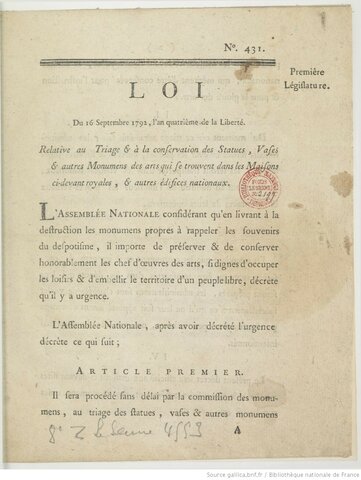 1792 : L'Assemblé Natonale autorise la destruction du patrimoine de l'ancien régime
