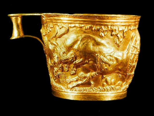 VASO DE VAFIO "ESCENA DRAMÁTICA". TUMBA DE VAFIO, PELOPONESO.MICÉNICO.HERÁLDICO RECIENTE II. MUSEO NACIONAL DE ATENAS.