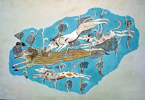 FRESCO CAZA DEL JABALÍ.MICÉNICO.TIRINTO.HERÁLDICO RECIENTE III.MUSEO ARQUEOLÓGICO DE ATENAS.