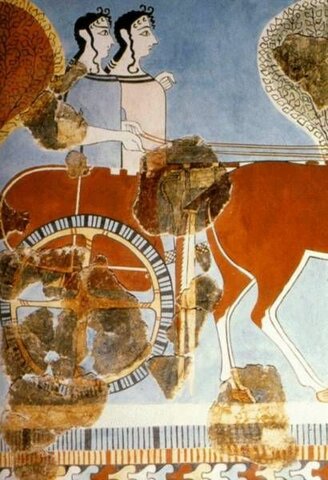 FRESCO CON ESCENA DE MUJERES EN CARRO. MICÉNICO. HERÁLDICO RECIENTE III. MUSEO ARQUEOLÓGICO NACIONAL DE ATENAS.