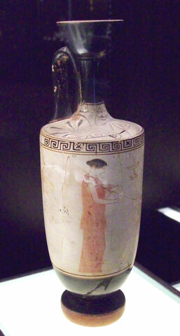 Lekytos de fondo blanco. Etapa Clásica. Arte Griego.
