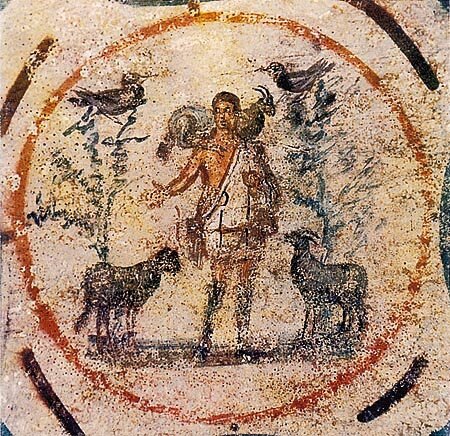 PALEOCRISTIANO. Fresco del Buen Pastor. Catacumbas de Santa Priscila (Roma)