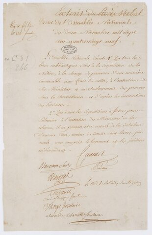 Décret de création des archives nationales : les biens de l’église sont mis à dispositions de l’état