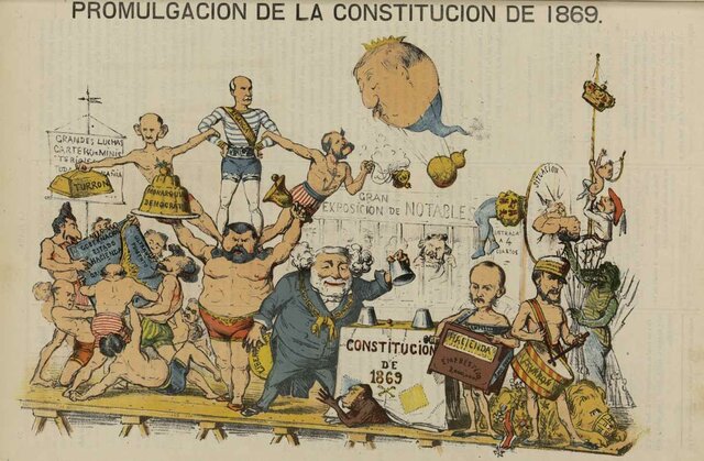 Promulgació de la Constitució del 1869, manté la monarquia com a forma d'Estat; estableix el sufragi universal, les llibertats individuals (d'associació, reunió, etc.), la llibertat d'ensenyament i la llibertat de culte.