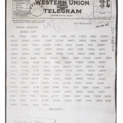 British naval intelligence intercepted and decrypted a telegram sent by German Foreign Minister Arthur Zimmerman to the German Ambassador in Mexico City.