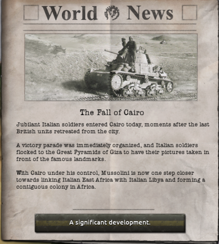 Gli Italiani insieme agli afrikankorps tedeschi occupano il Cairo, concludendo la campagna del nord africa.