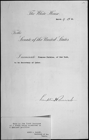 Frances perkins becomes the first female Cabinate member appointed secretary of labor by president Franklin D Roosevelt