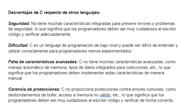 Desventajas de C sobre otros lenguajes