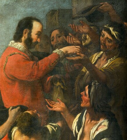 Bernardo de Quintaval distributes his goods to the poor