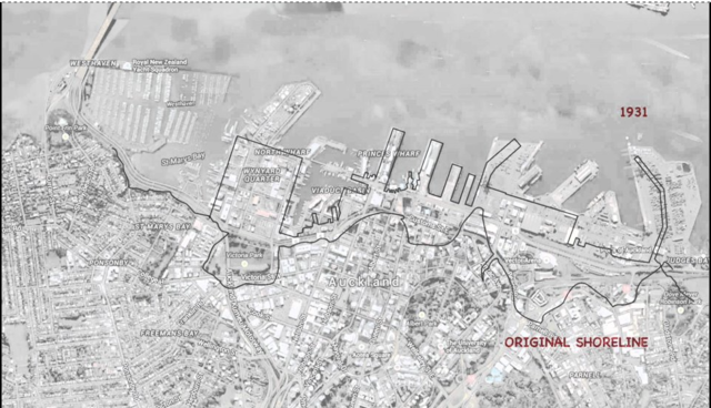 The area(north of freemans bay)was created to provide more wharf area for the expanding Ports of Auckland