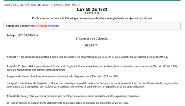 Ley que reconoce a la psicología como profesión
