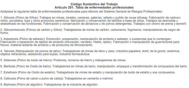 Tabla de enfermedades profesionales