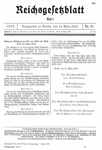 S'aprova la Llei d'Habilitació, que dóna a Hitler poders absoluts.