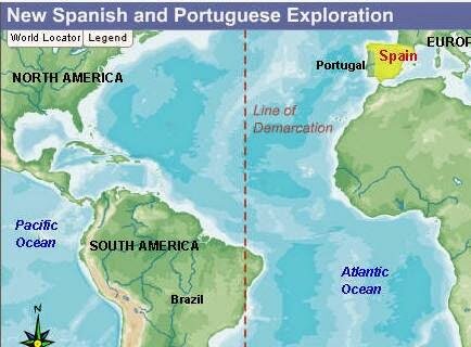 Spain and Portugal are separated by the Line of Demarcation