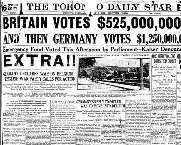 August 4 1914 - Germany declares war on neutral Belgium and invades Belgium and Luxembourg as part of the Schlieffen Plan. As a result, Britain declares war on Germany.