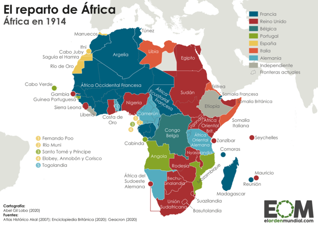 El continente africano está prácticamente completamente colonizado por potencias europeas.