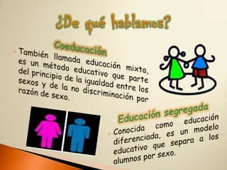 Finales del siglo XX (1993) diferencia entre coeducación y educación mixta.