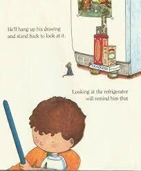 After the mouse signs his picture he asks the boy to hang it on the fridge.